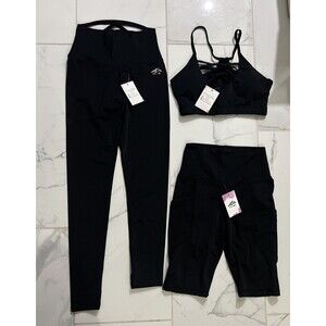 Fit Me Women’s 3 Pieces Blue Sports Set,Bra, Leggings and Shorts, Strech Size M